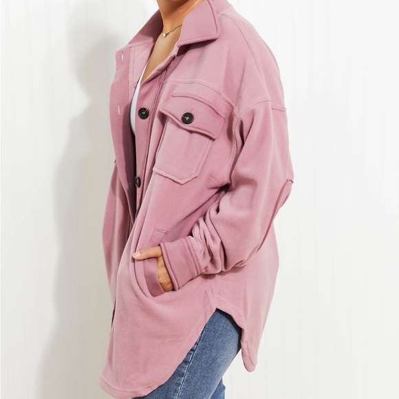 Light Rose Cozy in the Cabin Full Size Fleece Elbow Patch Shacket - Picture 9 of 10